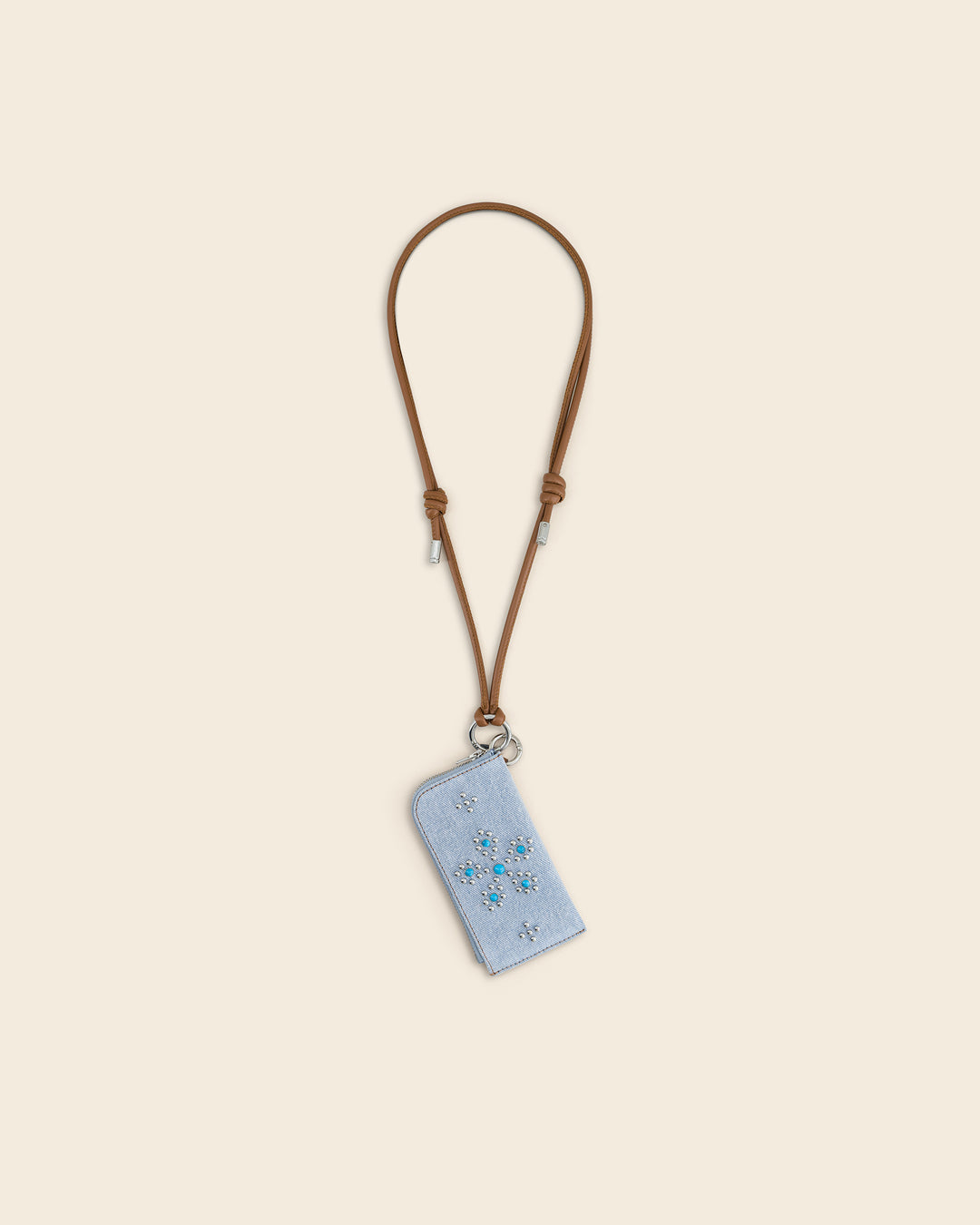 DAKOTA FLOWER - Porte cartes zippé en denim - BLEU PÂLE avec Clous et Cabochons Turquoises Porte-cartes Ponctuations