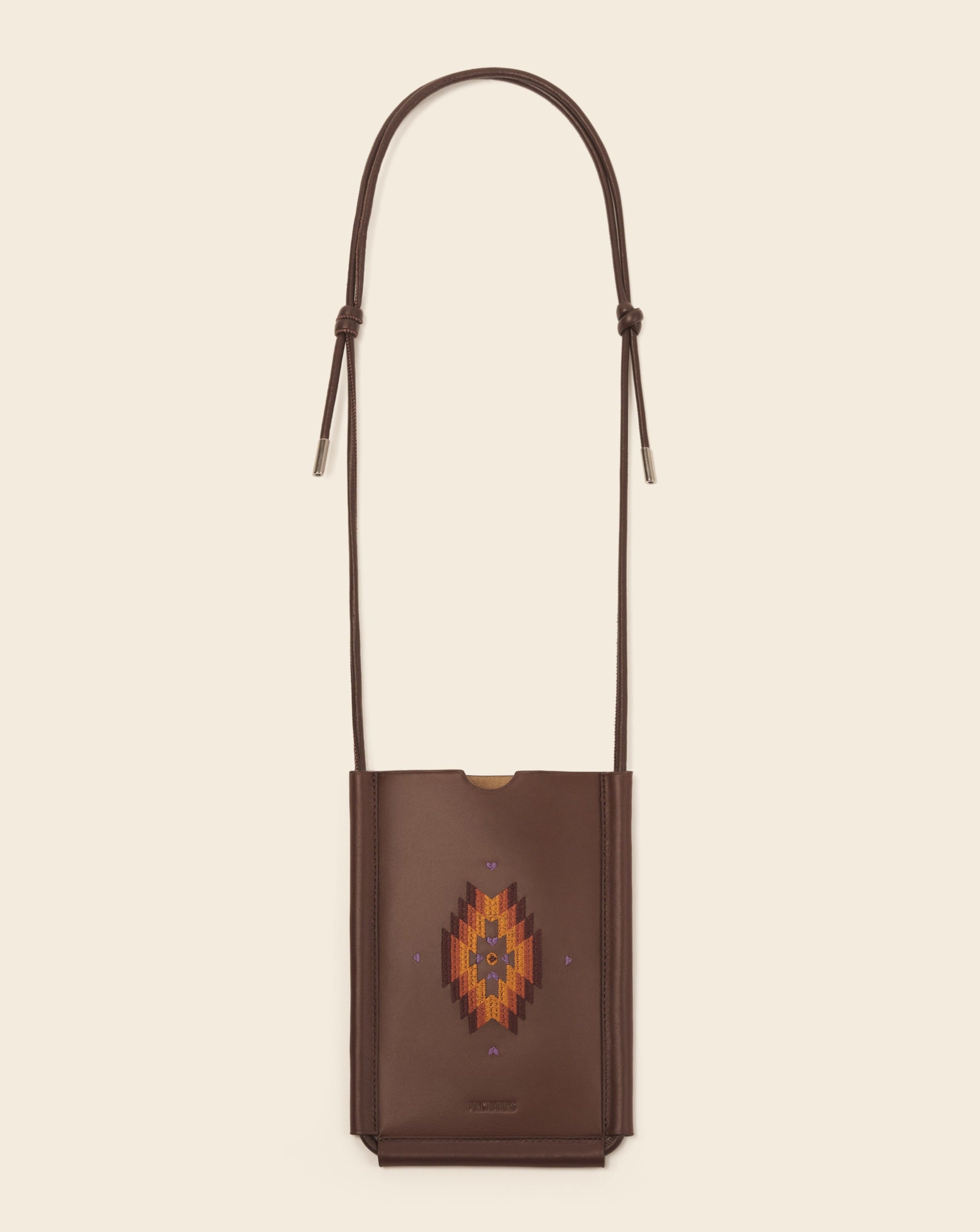 DENALI-Étui à téléphone en Cuir Brun & broderie colorée Étui à téléphone PONCTUATIONS