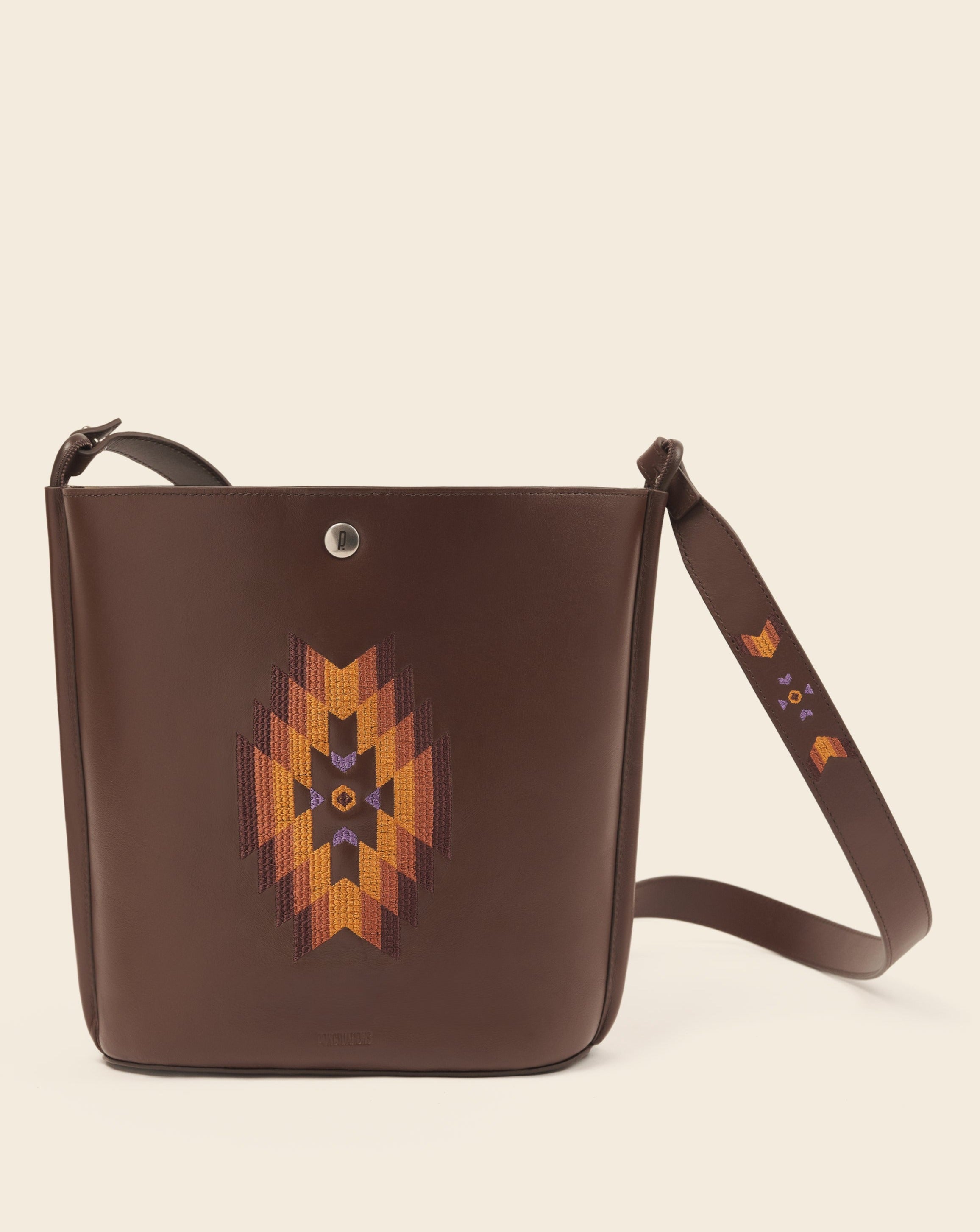 IOWA-Sac seau en cuir-Brun & broderie colorée Sacs vendor-unknown