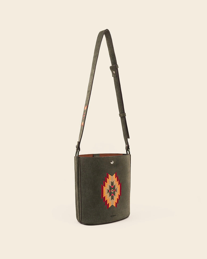 IOWA-Sac seau en suede - kaki & broderie colorée Sacs Ponctuations