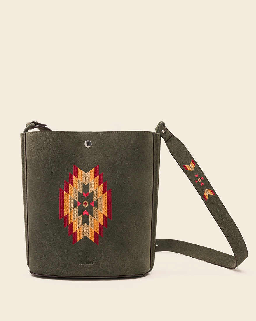 IOWA-Sac seau en suede - kaki & broderie colorée Sacs Ponctuations