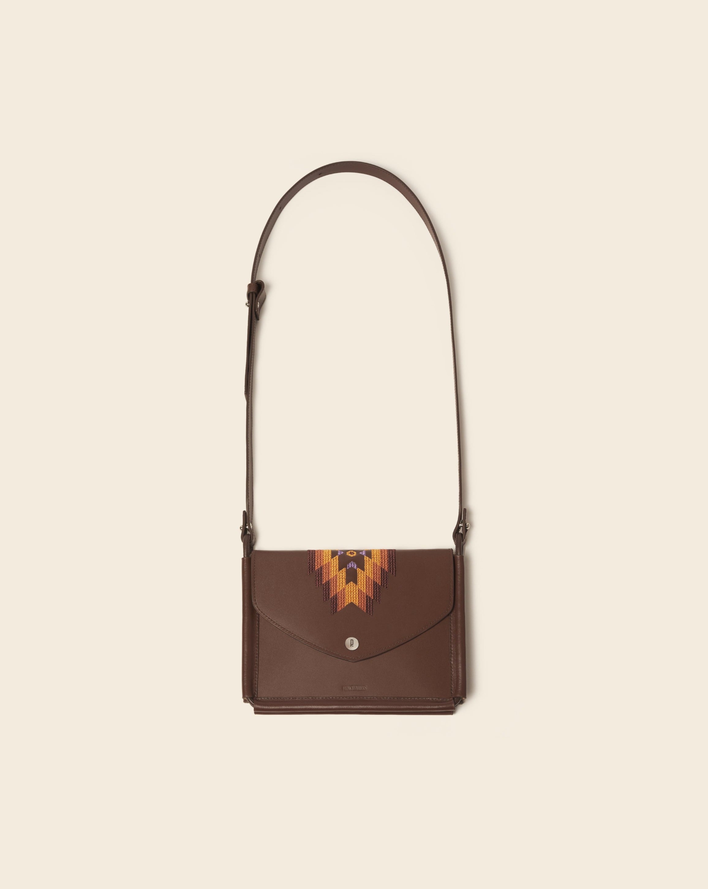 KANSAS-Pochette duo en cuir-Brun & broderie colorée Sacs vendor-unknown