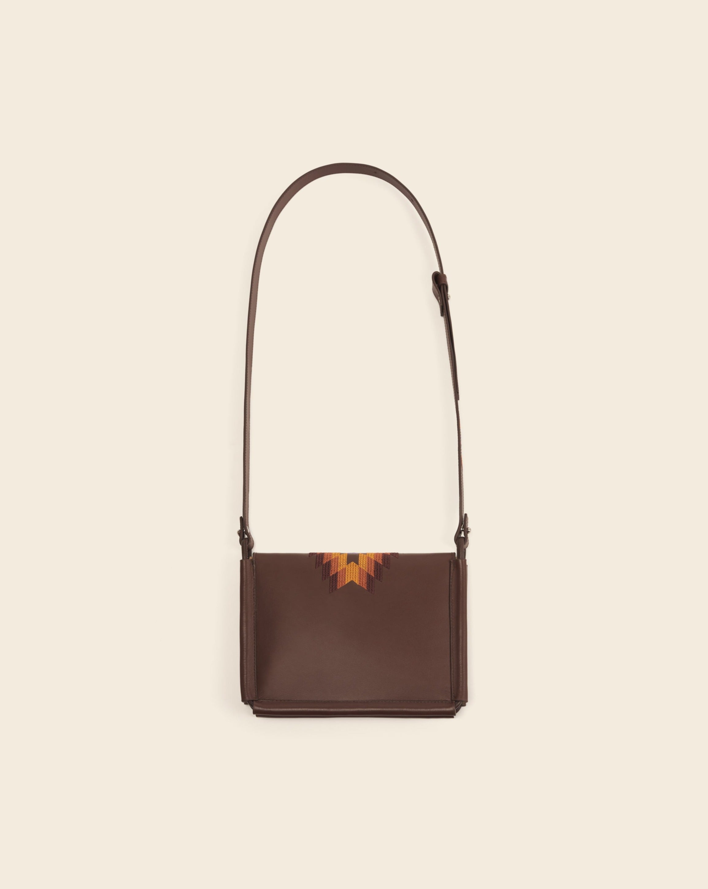 KANSAS-Pochette duo en cuir-Brun & broderie colorée Sacs vendor-unknown