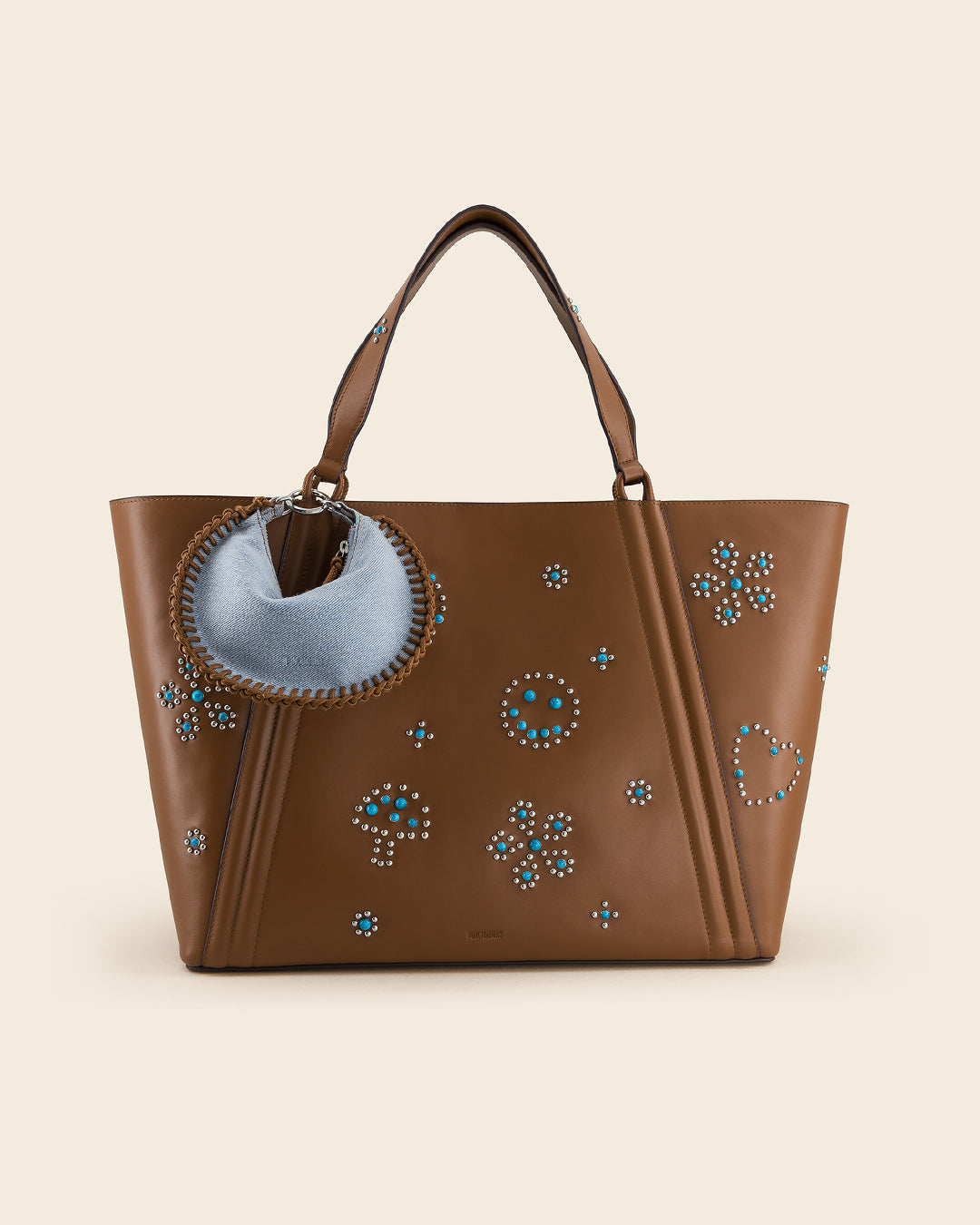 LUKY - charm's / pochette zippé - en denim BLEU PÂLE et cuir de veau AMBRE Ponctuations