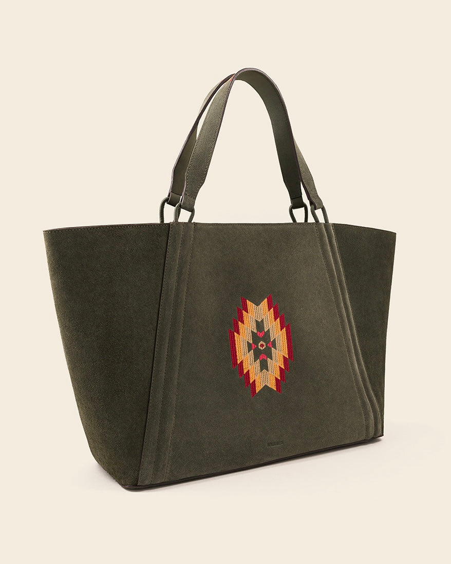 MAINE - Sac Cabas en Suède Kaki & broderie colorée Sacs Ponctuations