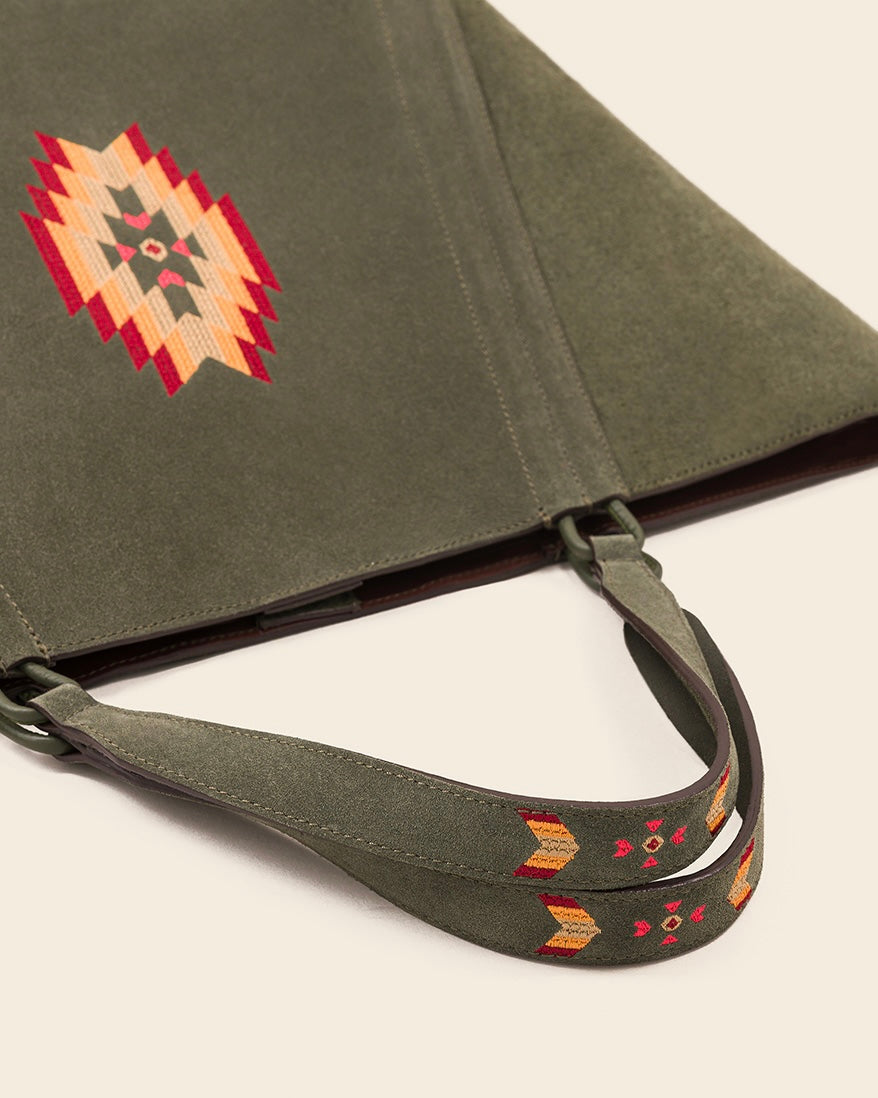 MAINE - Sac Cabas en Suède Kaki & broderie colorée Sacs Ponctuations