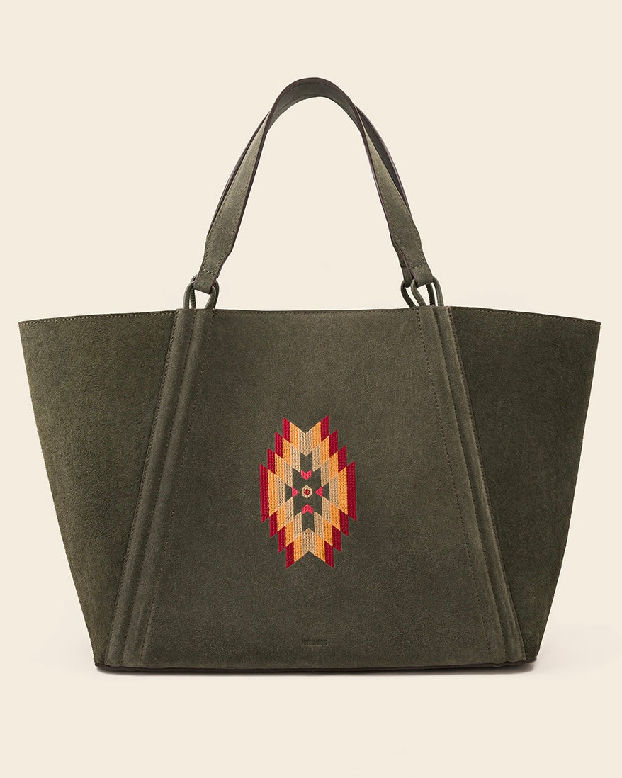 MAINE - Sac Cabas en Suède Kaki & broderie colorée Sacs Ponctuations