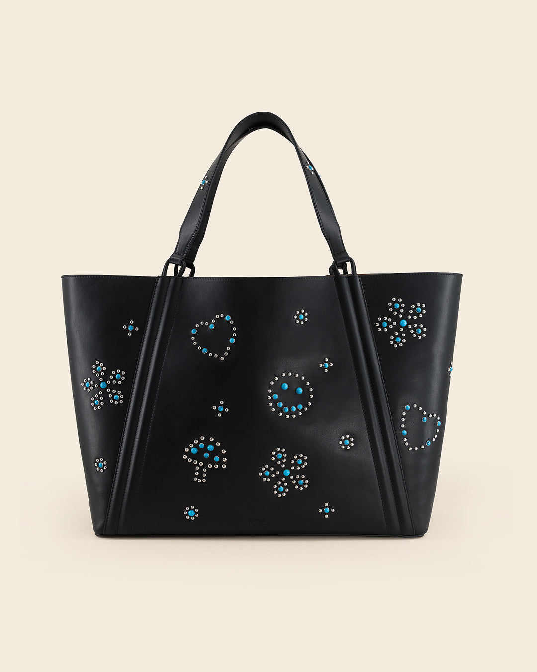 MAINE STUD - Sac Cabas en Veau lisse NOIR avec Clous et Cabochons Turquoises Sacs Ponctuations