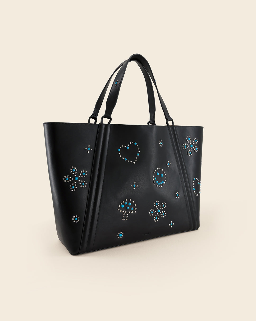MAINE STUD - Sac Cabas en Veau lisse NOIR avec Clous et Cabochons Turquoises Sacs Ponctuations