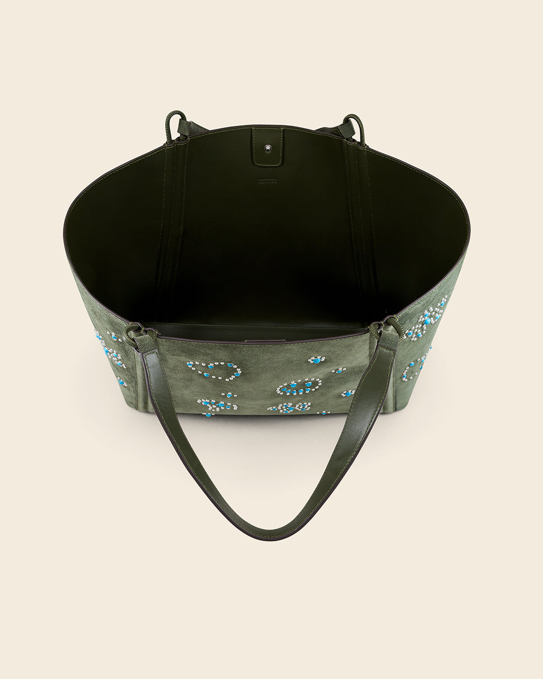 MAINE STUD - Sac Cabas en Suède Kaki avec Clous et Cabochons Turquoises Sacs Ponctuations