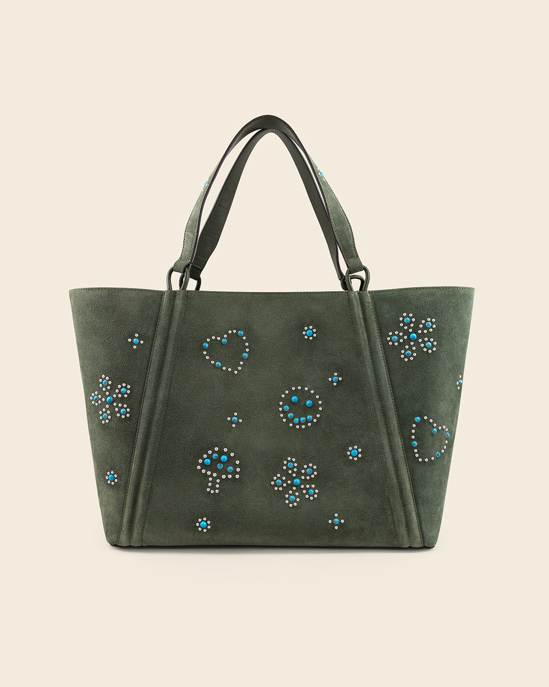 MAINE STUD - Sac Cabas en Suède Kaki avec Clous et Cabochons Turquoises Sacs Ponctuations