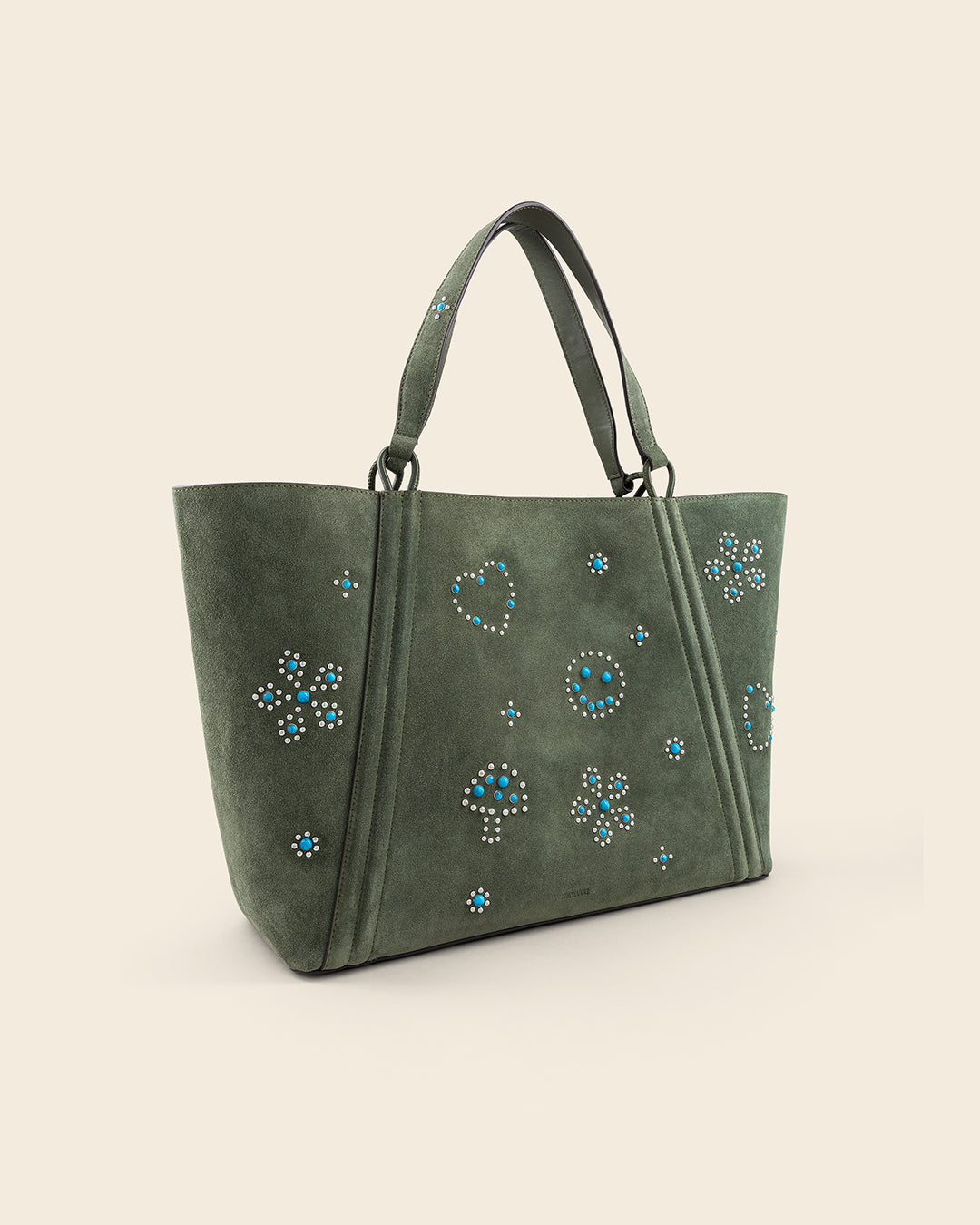 MAINE STUD - Sac Cabas en Suède Kaki avec Clous et Cabochons Turquoises Sacs Ponctuations