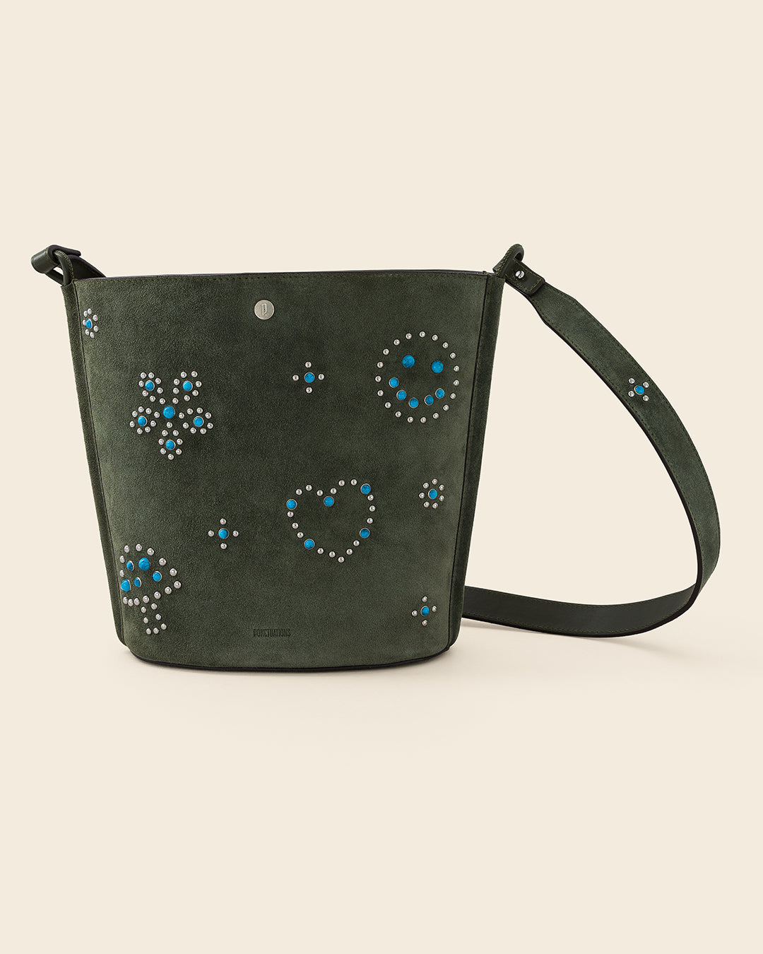 IOWA STUD - Sac seau en suede - Kaki avec Clous et Cabochons Turquoises Sacs PONCTUATIONS