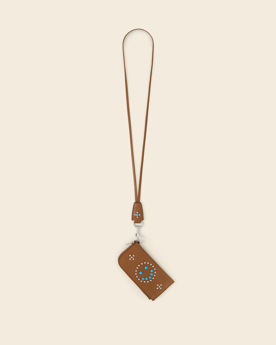 DAKOTA SMILE + COOK STUD-Porte cartes zippé en cuir sur mousqueton- Cognac avec Clous et Cabochons Turquoises Porte-cartes Ponctuations
