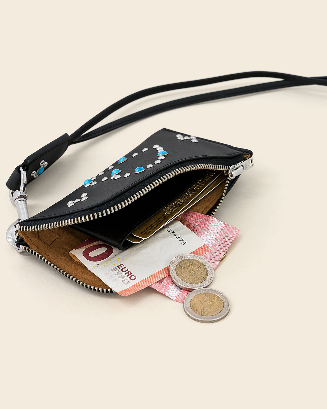 DAKOTA HEART + COOK STUD-Porte cartes zippé en cuir sur mousqueton- Noir avec Clous et Cabochons Turquoises Porte-cartes Ponctuations