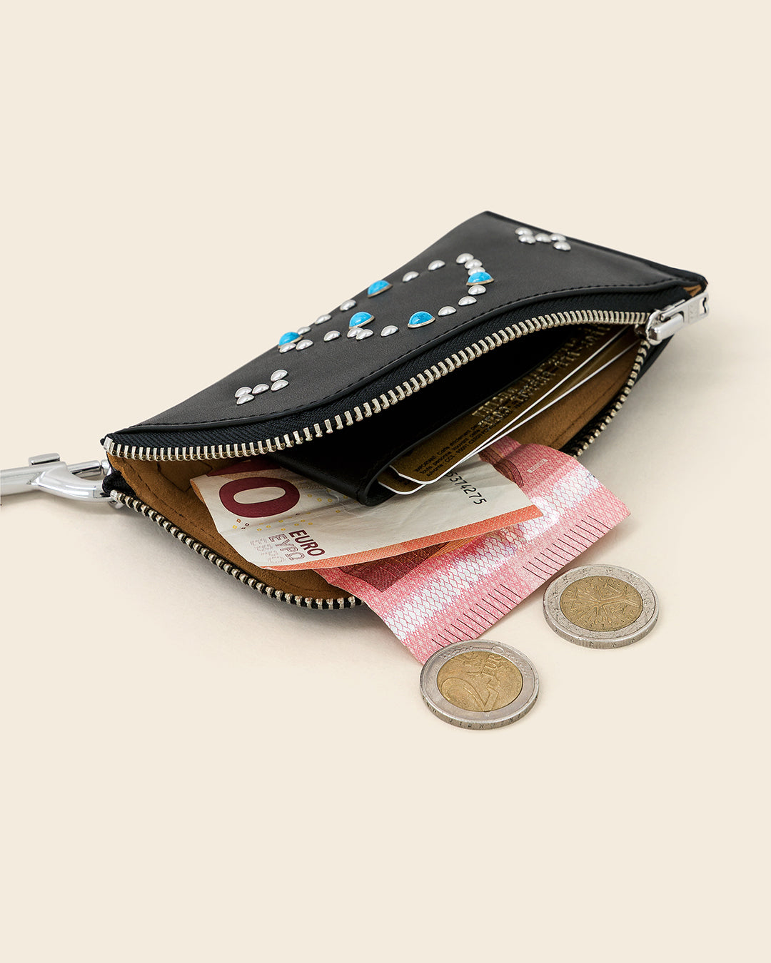 DAKOTA HEART -Porte cartes zippé en cuir-Noir avec Clous et Cabochons Turquoises Porte-cartes Ponctuations