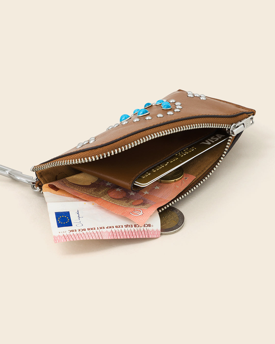 DAKOTA SMILE -Porte cartes zippé en cuir-Cognac avec Clous et Cabochons Turquoises Porte-cartes Ponctuations