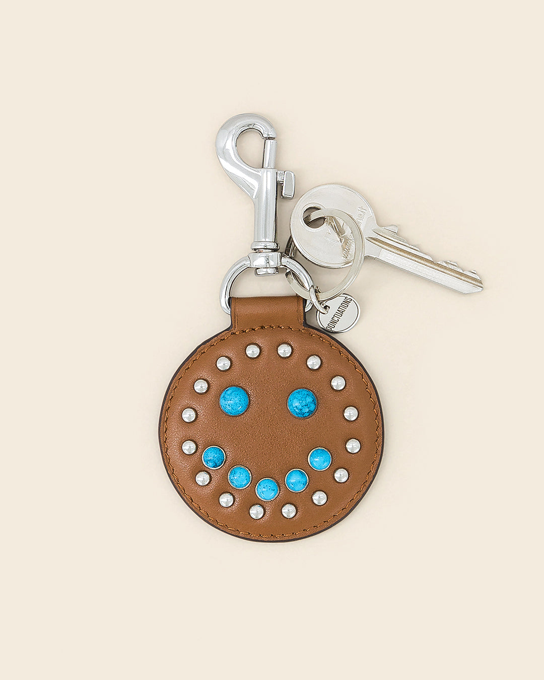 IDAHO SMILE -Porte clés en cuir-COGNAC avec Clous et Cabochons Turquoises Porte-clés PONCTUATIONS