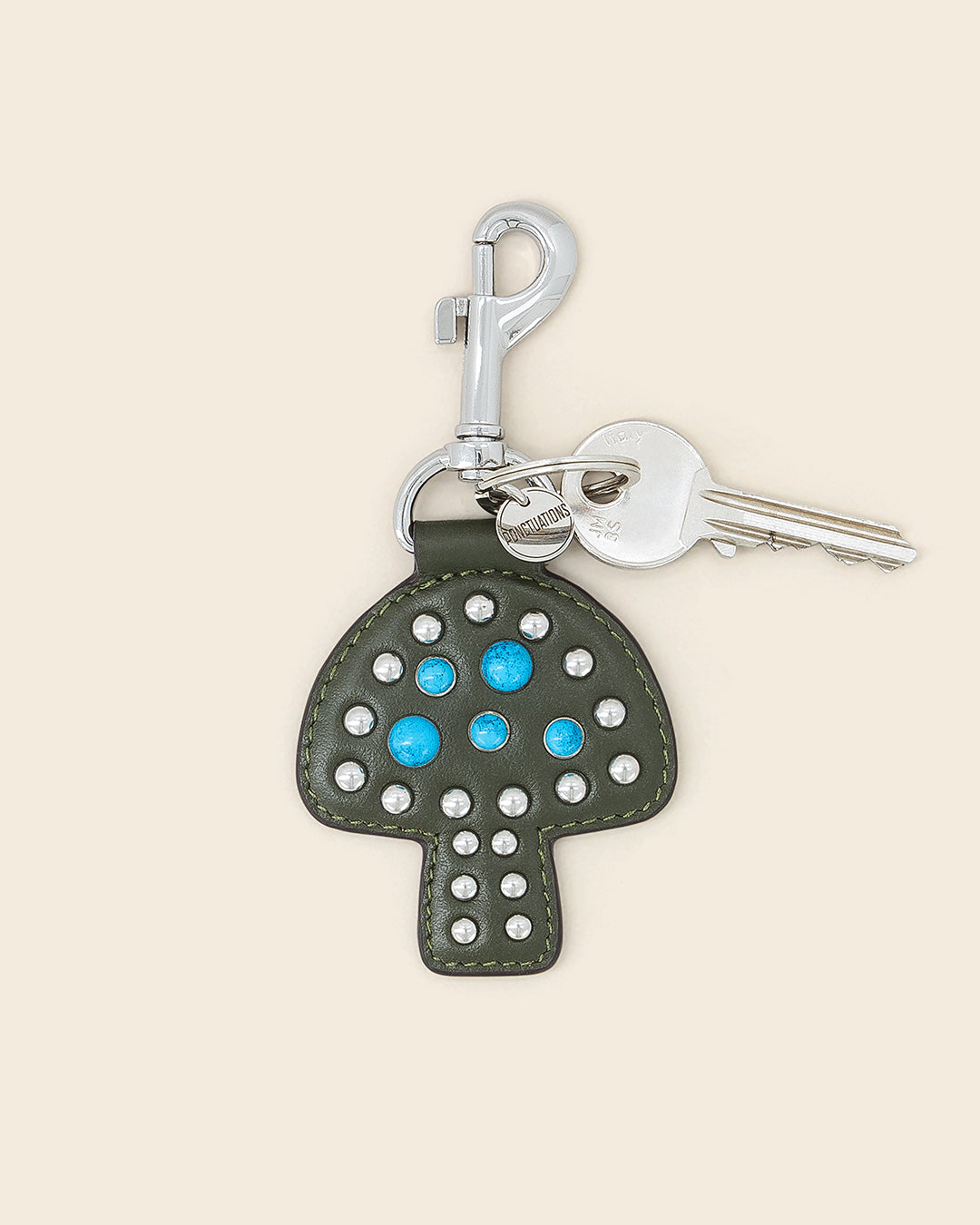 IDAHO SHROOM-Porte clés en cuir-Kaki avec Clous et Cabochons Turquoises Porte-clés PONCTUATIONS
