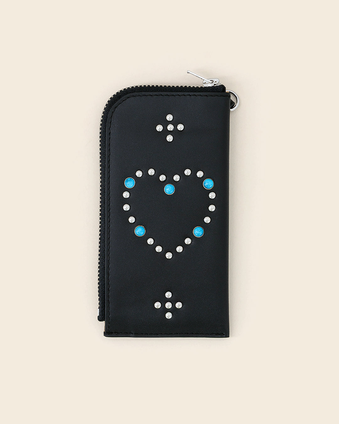 DAKOTA HEART -Porte cartes zippé en cuir-Noir avec Clous et Cabochons Turquoises Porte-cartes Ponctuations