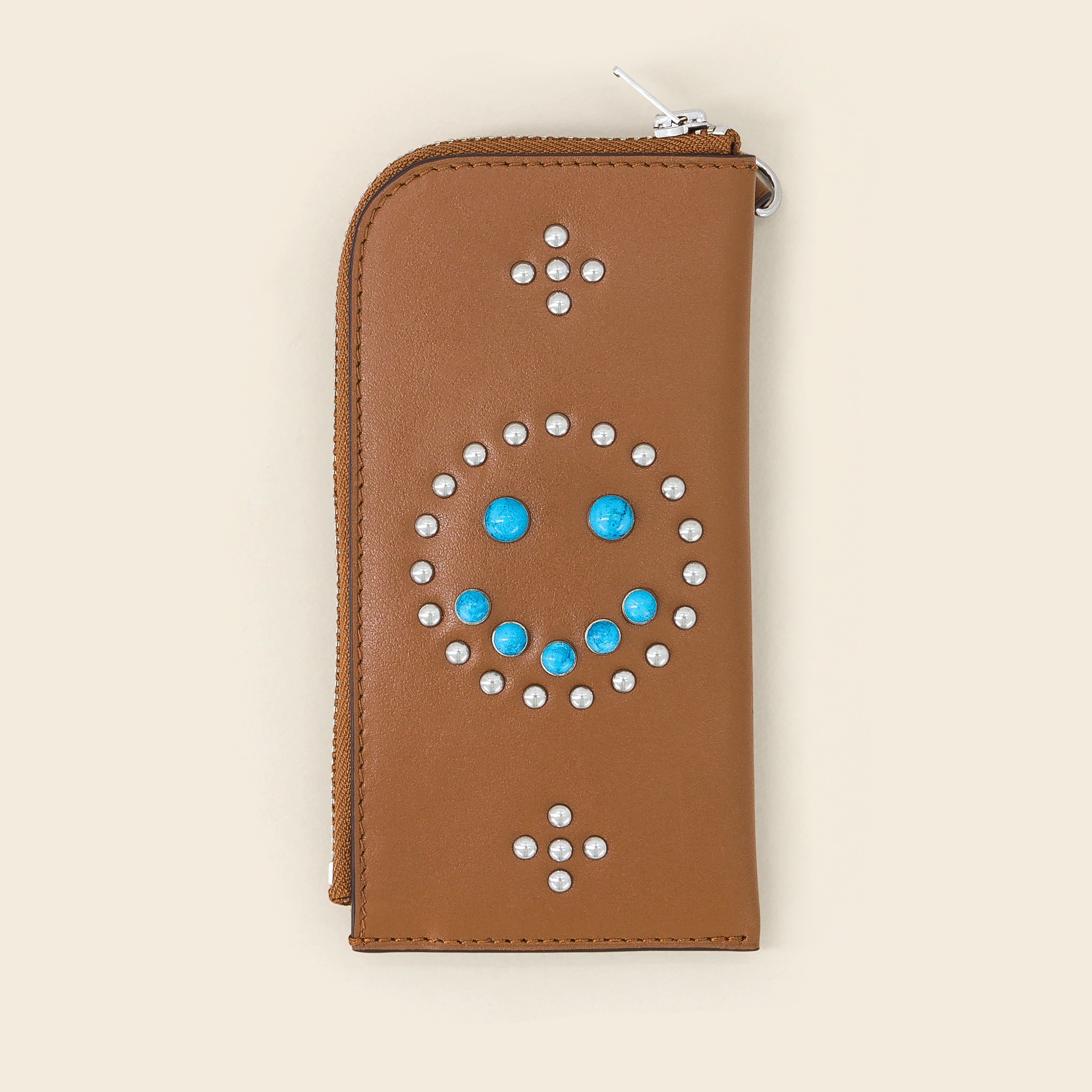 DAKOTA SMILE -Porte cartes zippé en cuir-Cognac avec Clous et Cabochons Turquoises Porte-cartes Ponctuations