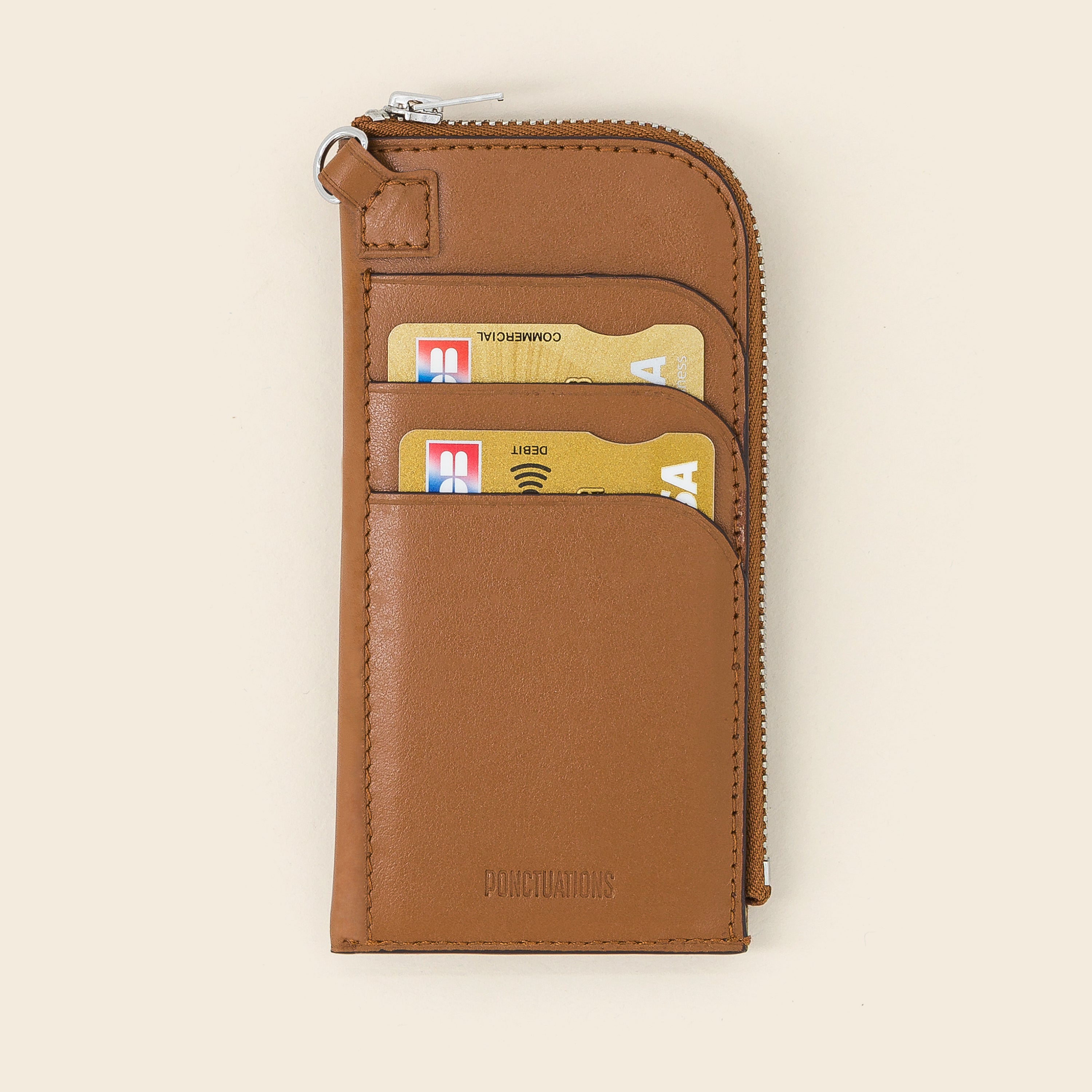 DAKOTA SMILE -Porte cartes zippé en cuir-Cognac avec Clous et Cabochons Turquoises Porte-cartes Ponctuations