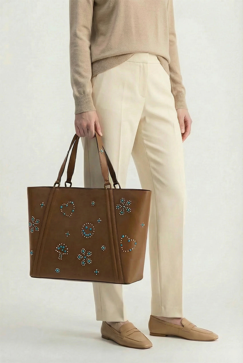 MAINE STUD - Sac Cabas en Veau lisse AMBRE avec Clous et Cabochons Turquoises Ponctuations