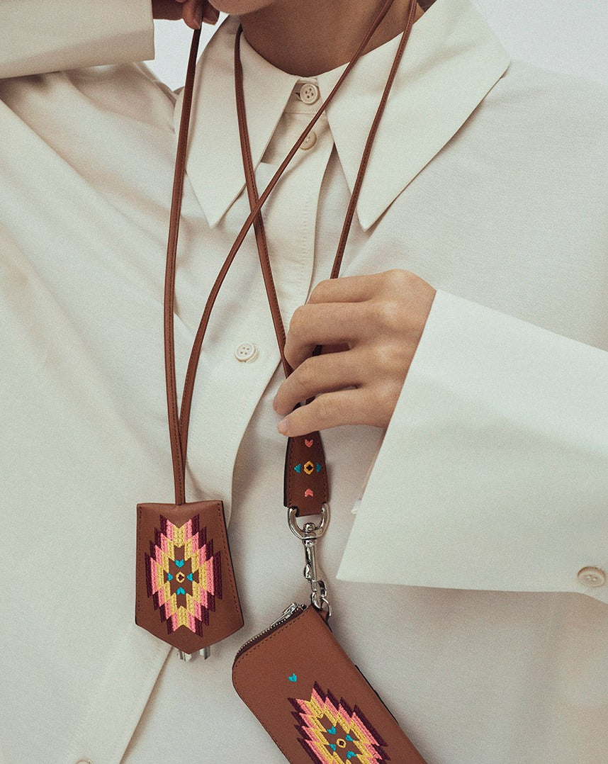 FUJI - Bell key ring necklace - Gold leather & multicolored embroidery