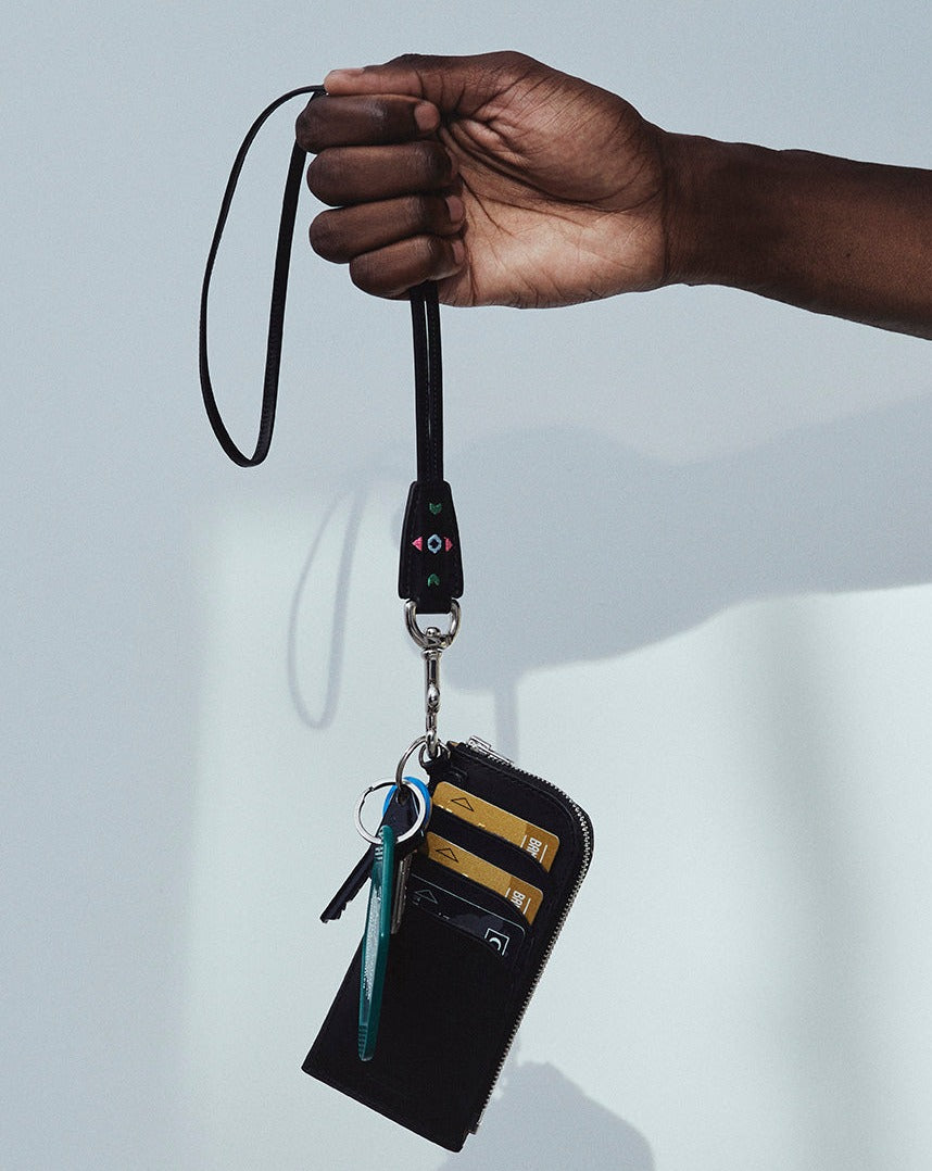 DAKOTA-Porte cartes zippé en cuir-Noir & broderie colorée