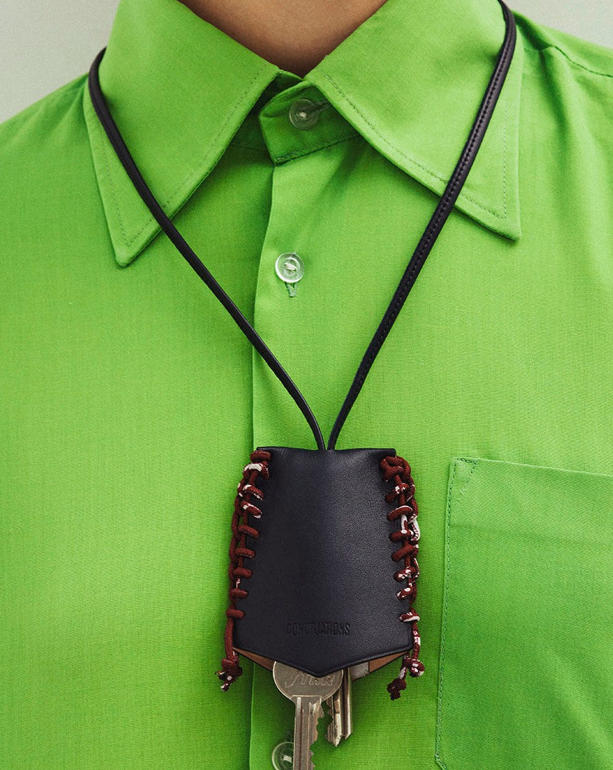 FUJI - Bell key ring necklace - Navy leather & Bandana burgundy
