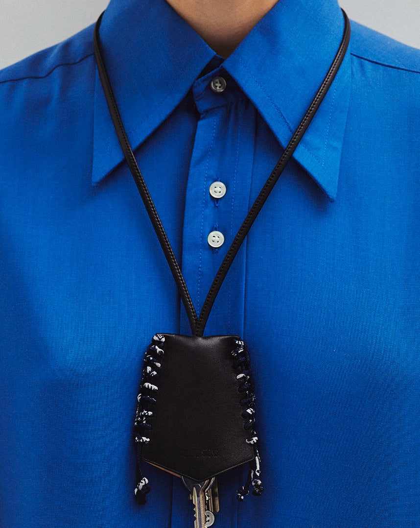FUJI - Bell key ring necklace - Black leather & Bandana Navy