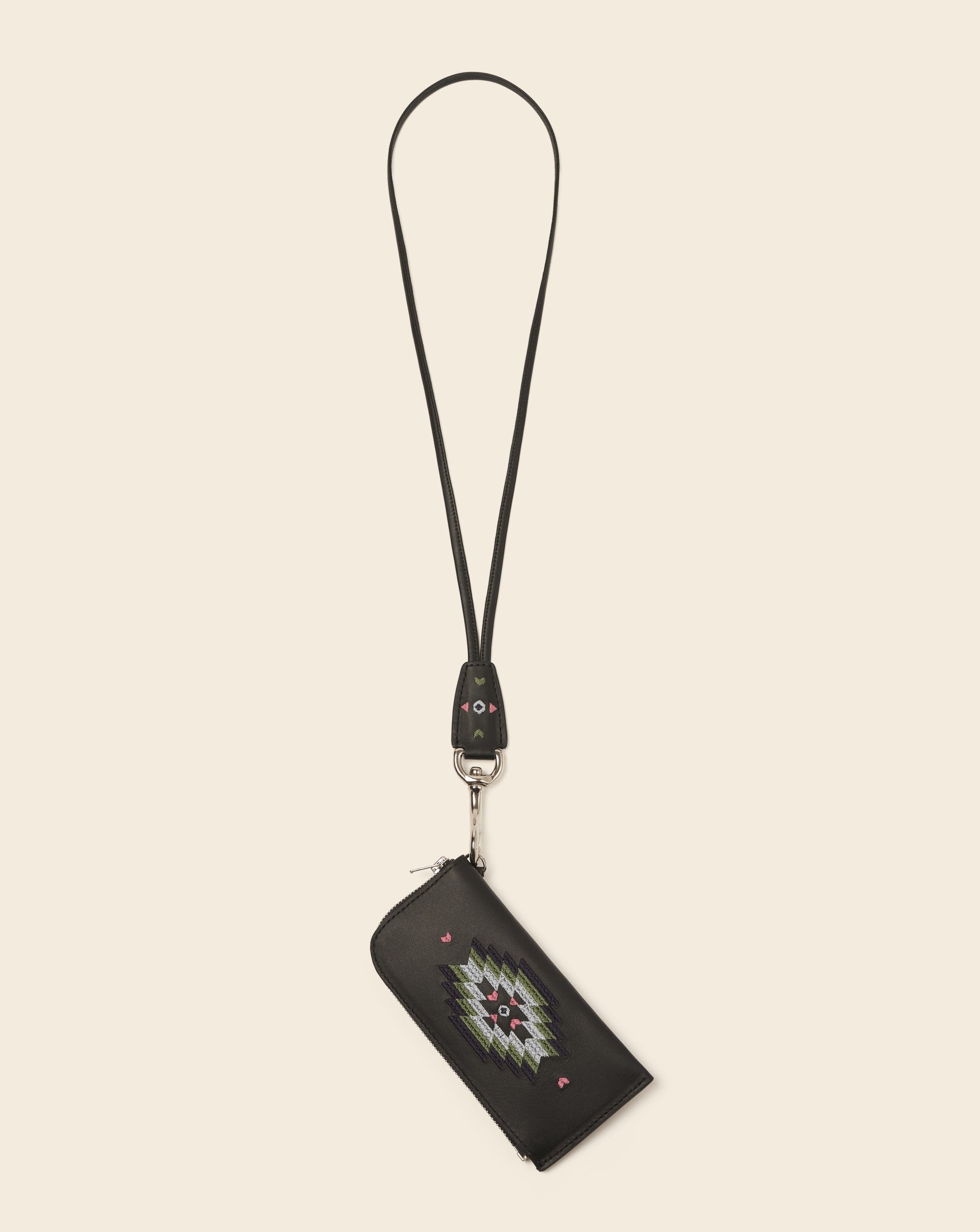 COOK + DAKOTA-Porte cartes sur mousqueton-En cuir noir & broderie colorée Ponctuations