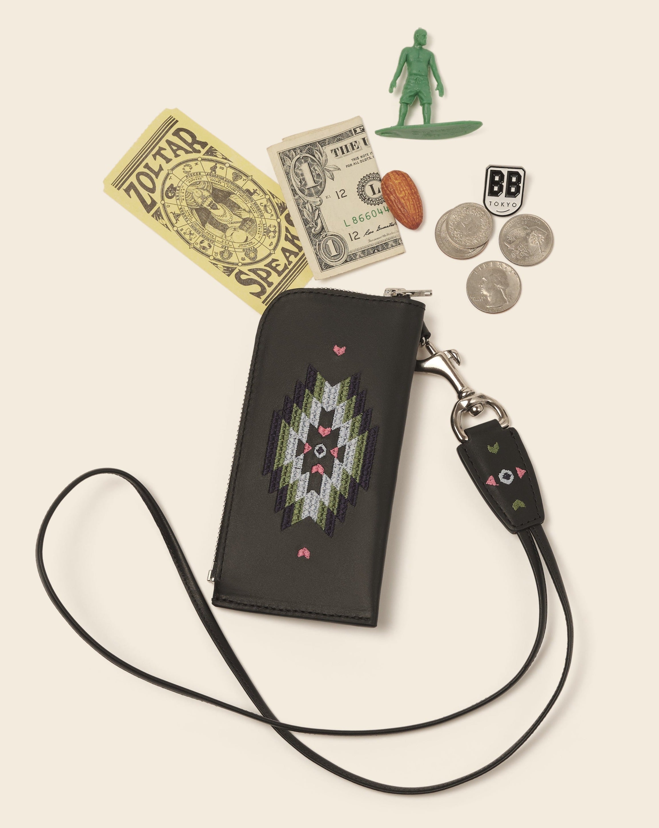 COOK + DAKOTA - Zipped card holder and carabiner necklace - Black leather & bandana navy