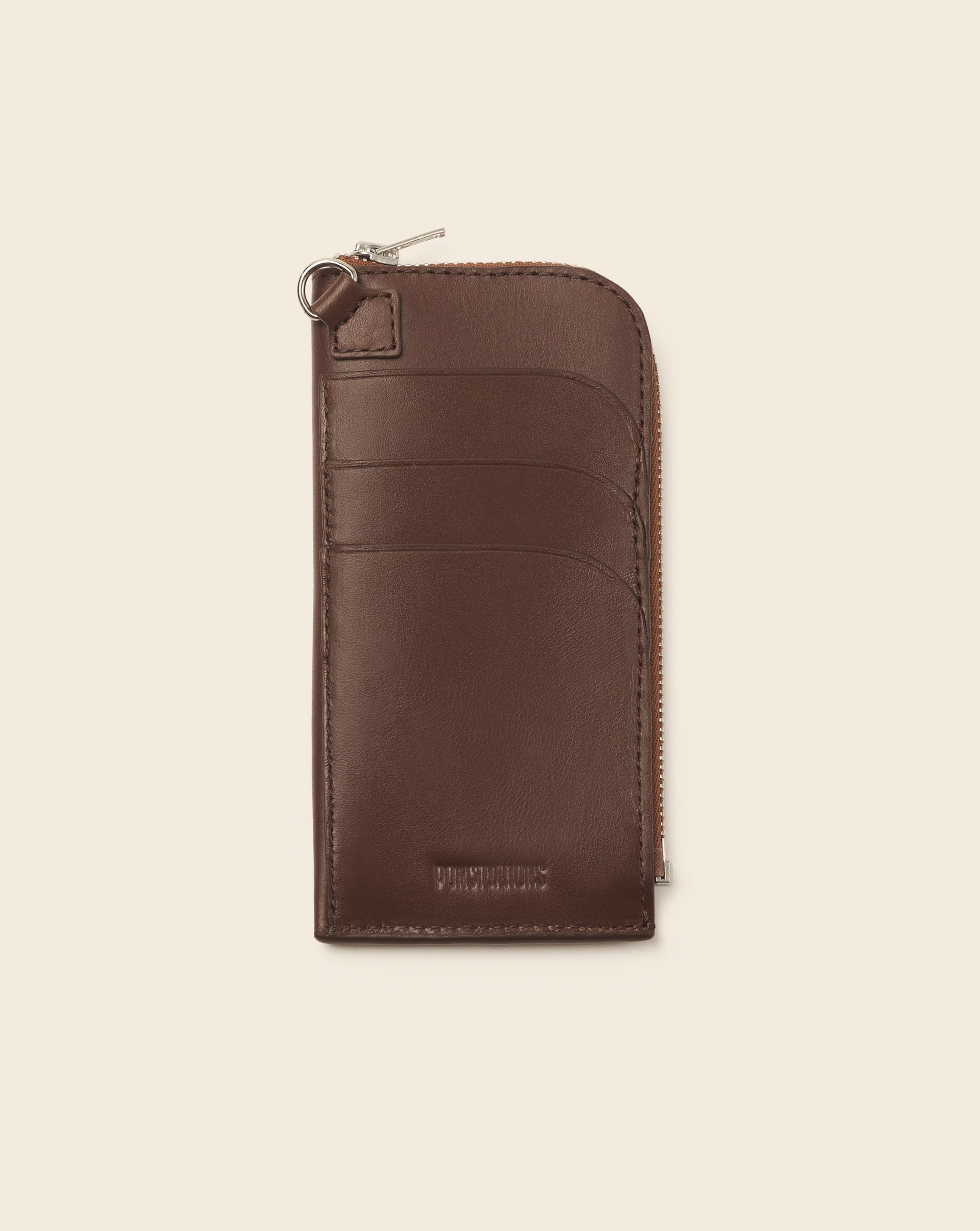 COOK + DAKOTA-Porte cartes sur mousqueton-En cuir brun & broderie colorée