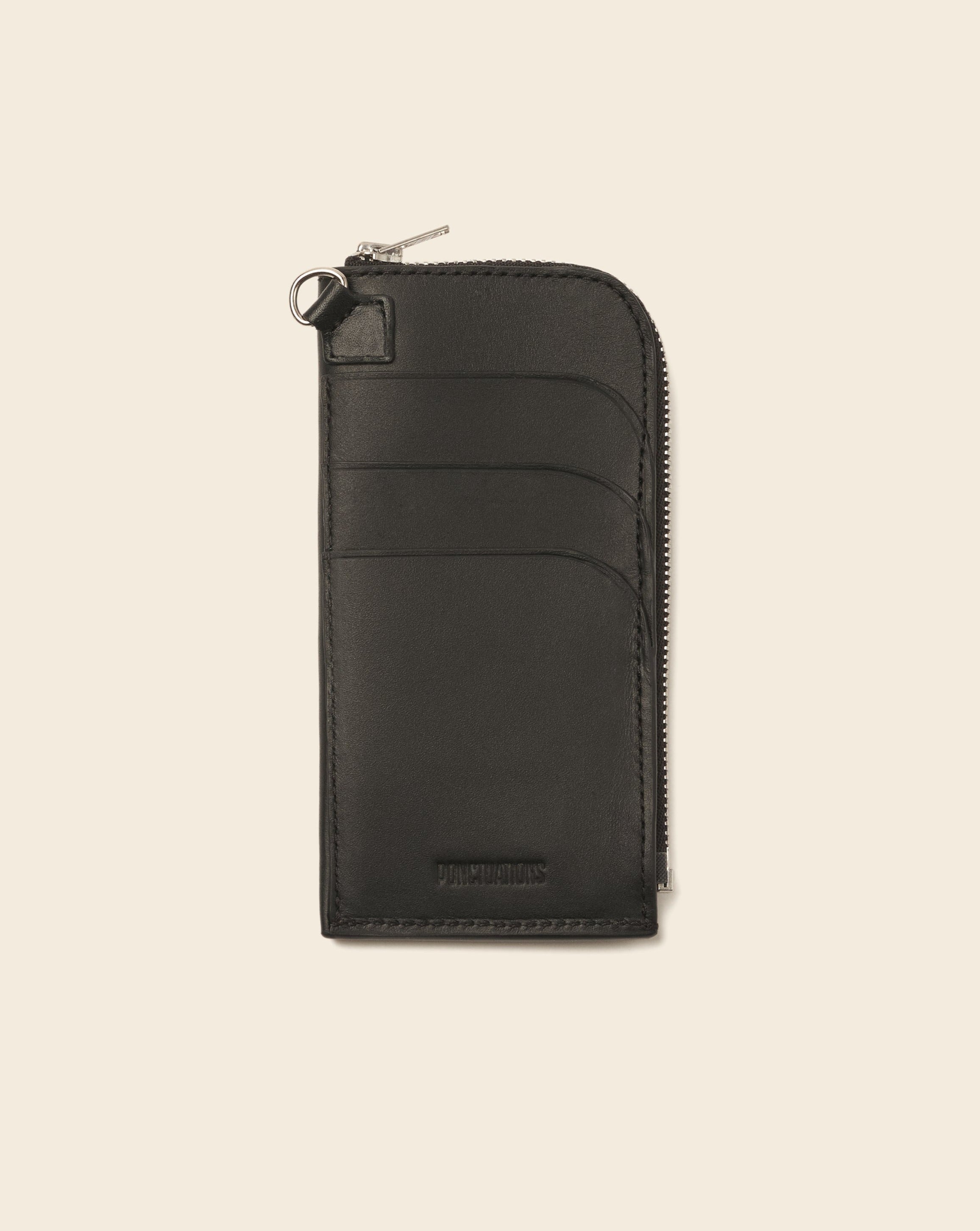 DAKOTA-Porte cartes zippé en cuir-Noir & broderie colorée