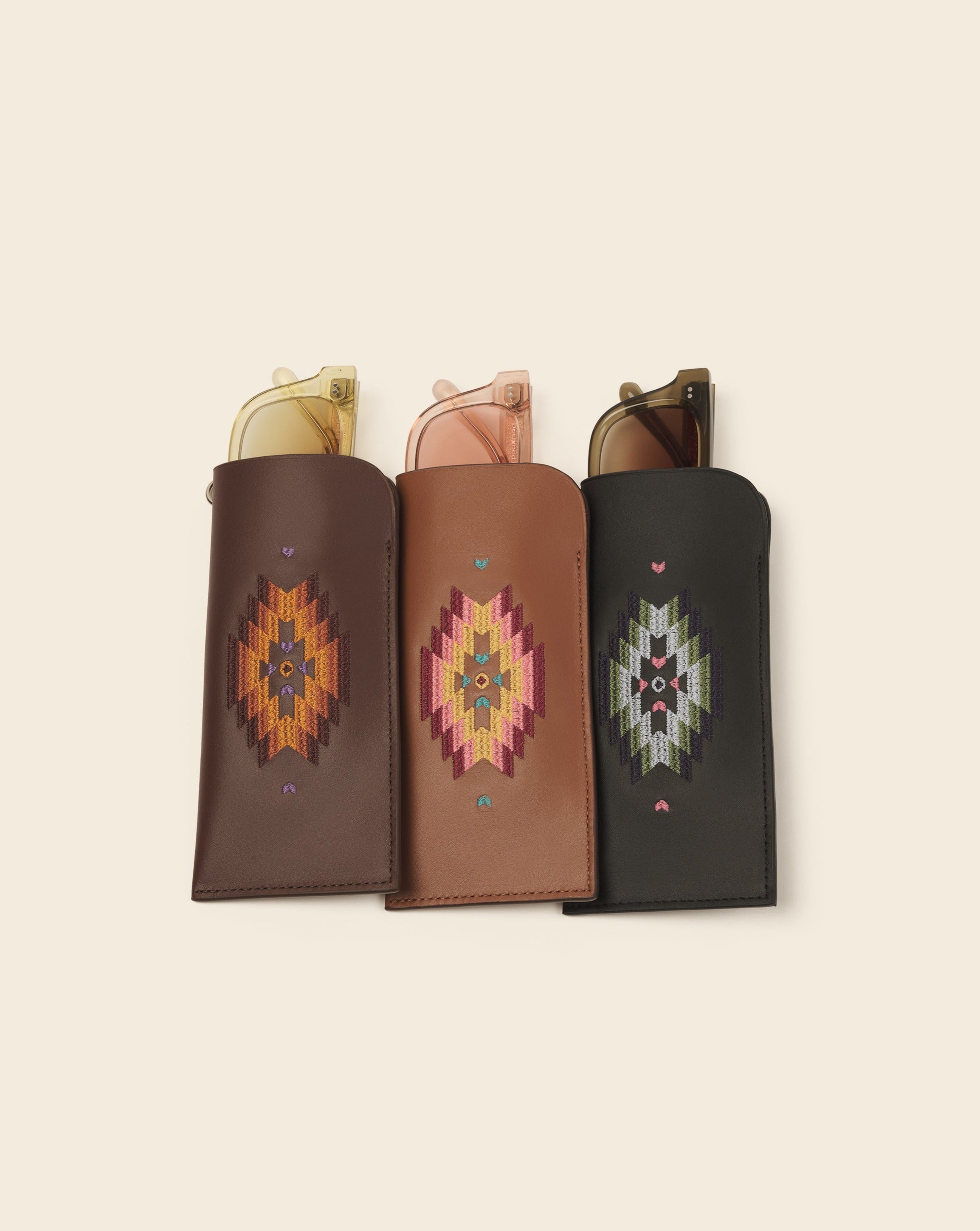 MAKALU - Glasses sleeve - Brown leather & multicolored embroidery
