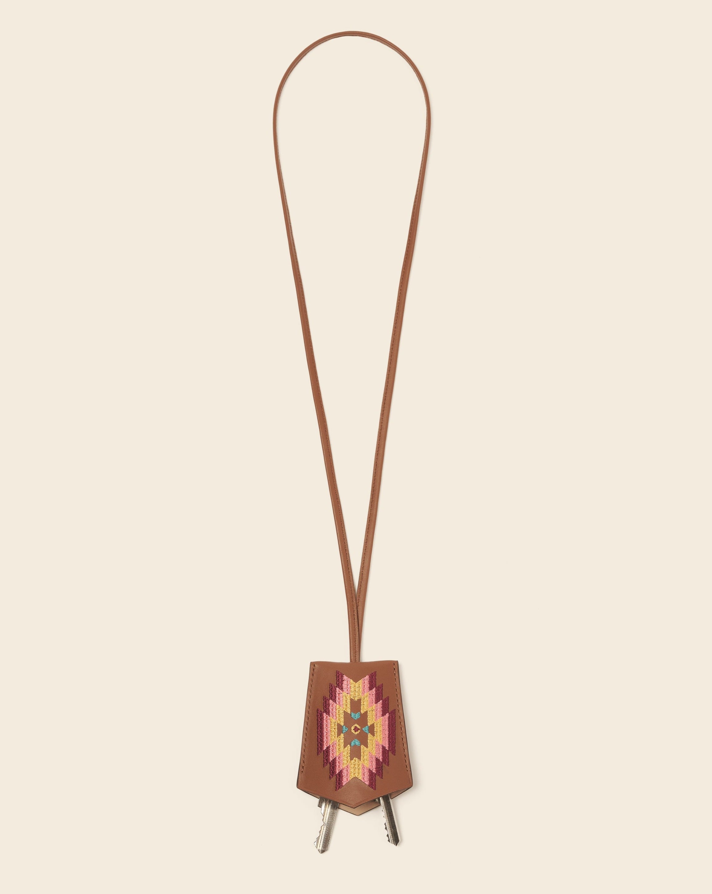 FUJI - Bell key ring necklace - Gold leather & multicolored embroidery