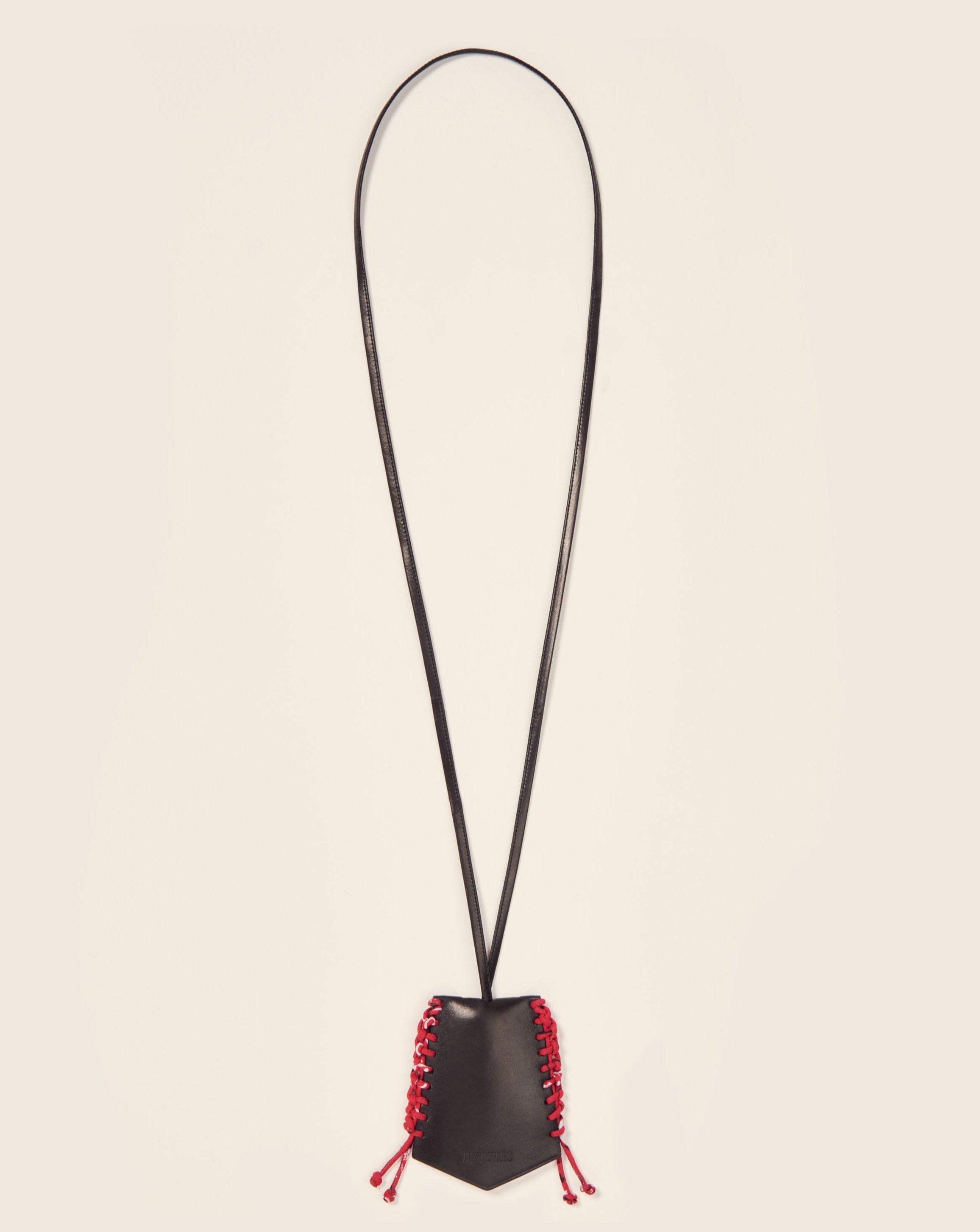 FUJI - Bell key ring necklace - Black leather & Bandana Red