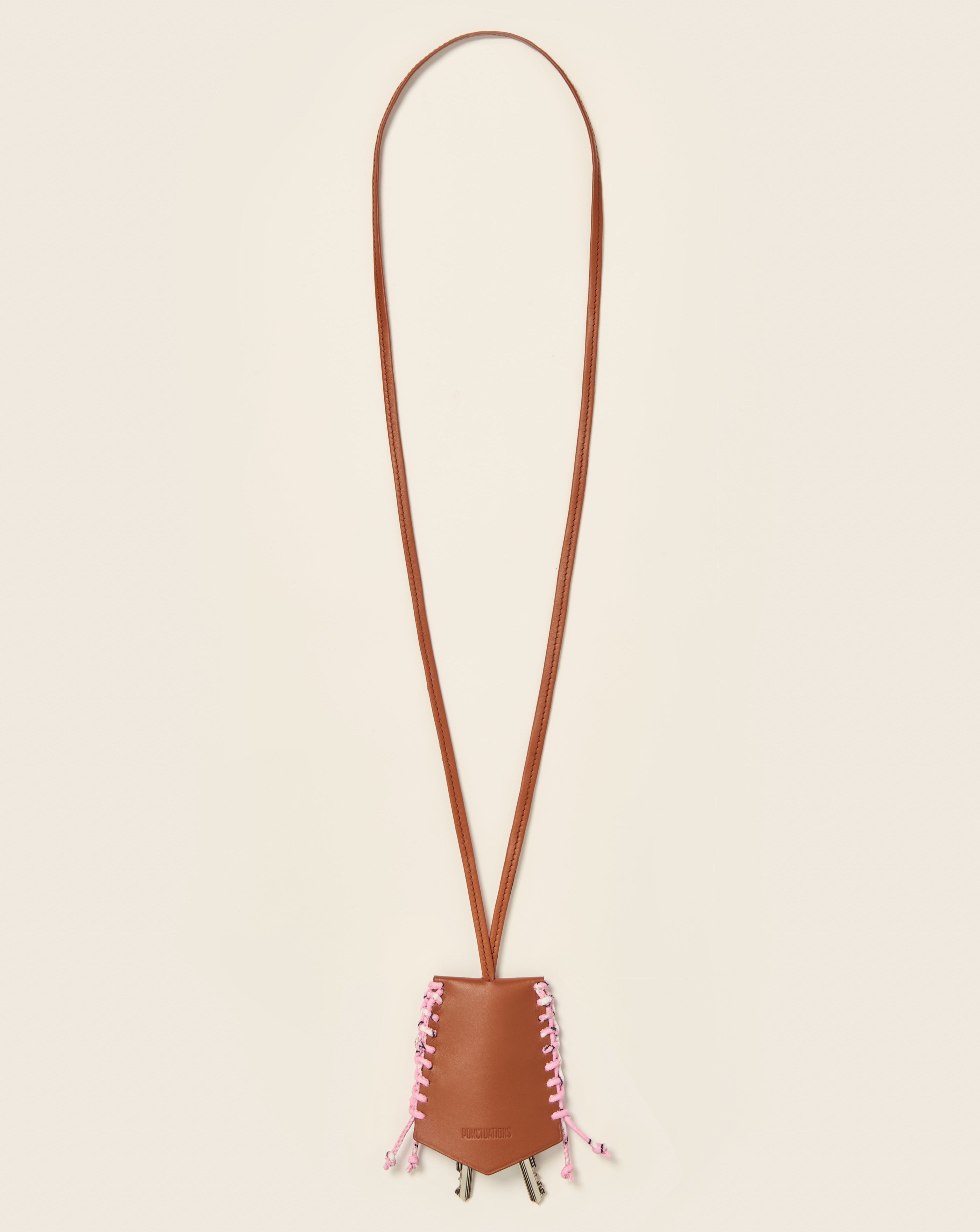 FUJI - Bell key ring necklace - Gold leather & Bandana pink