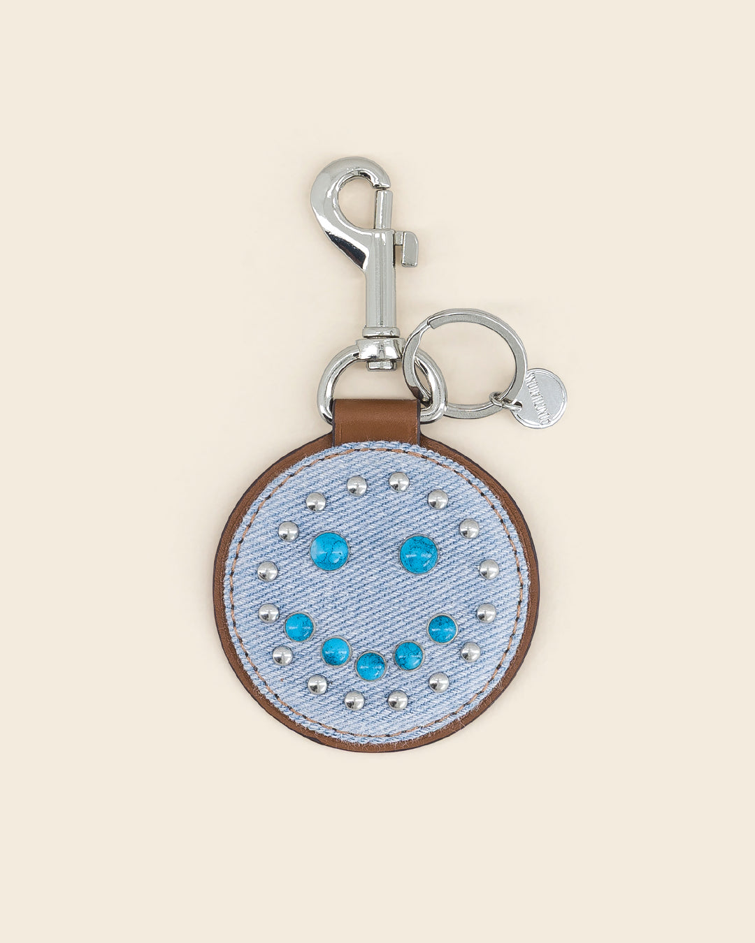 IDAHO SMILE Denim -Porte clés- BLEU PÂLE avec Clous et Cabochons Turquoises Porte-clés PONCTUATIONS