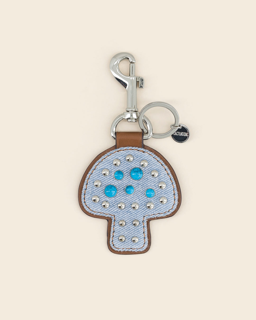 IDAHO SHROOM Denim -Porte clés- BLEU PÂLE avec Clous et Cabochons Turquoises Porte-clés PONCTUATIONS