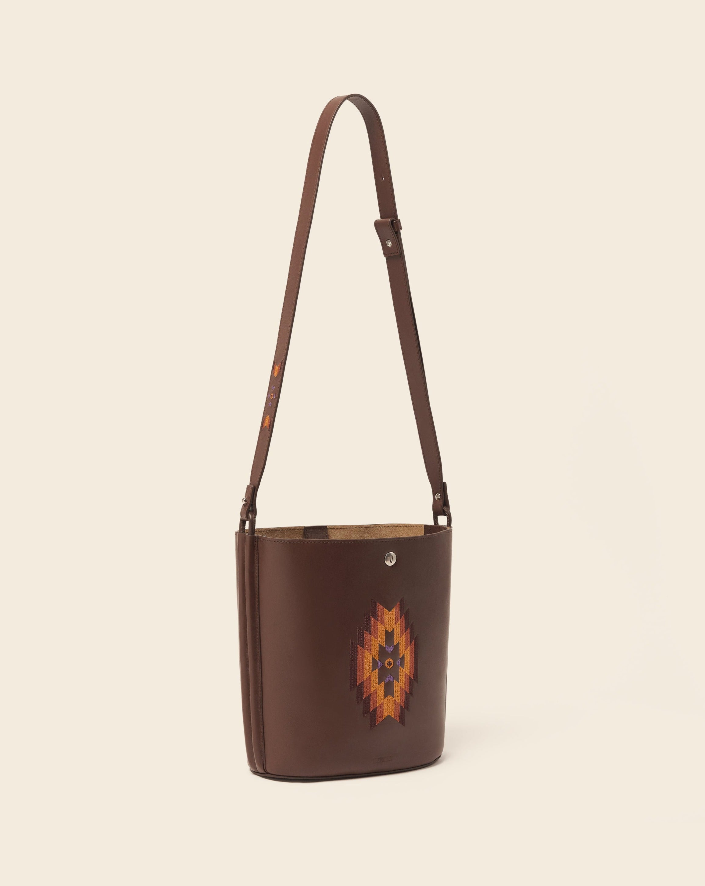 IOWA - Leather bucket bag - Brown leather & multicolored embroidery