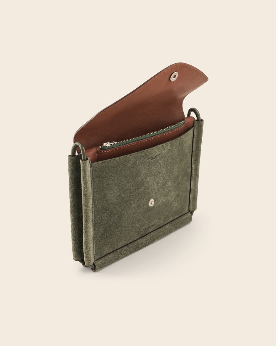 KANSAS-Pochette duo en Suède Kaki & broderie colorée Sacs PONCTUATIONS