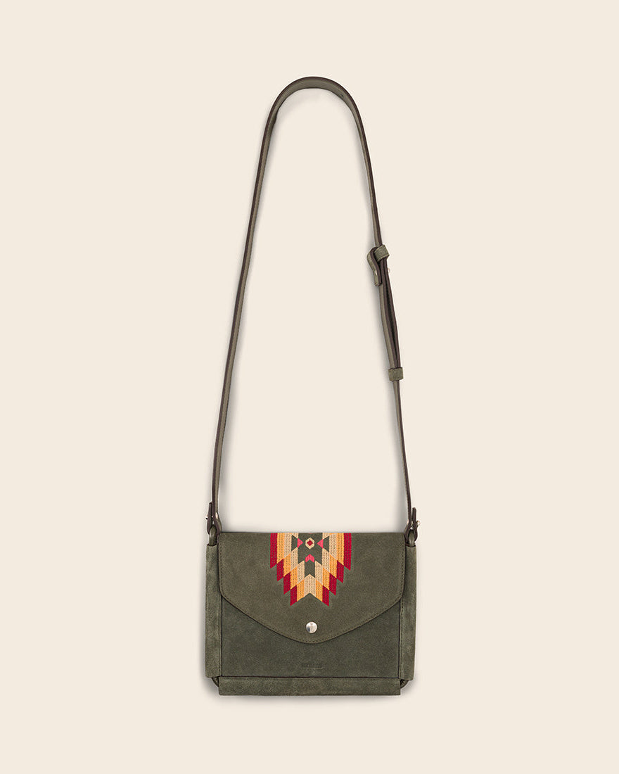 KANSAS-Pochette duo en Suède Kaki & broderie colorée Sacs PONCTUATIONS