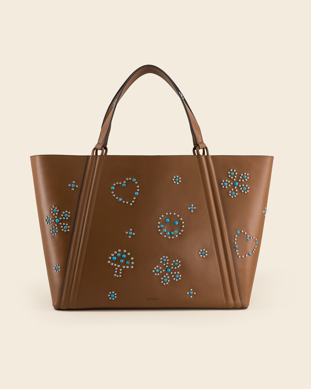 MAINE STUD - Sac Cabas en Veau lisse AMBRE avec Clous et Cabochons Turquoises Ponctuations