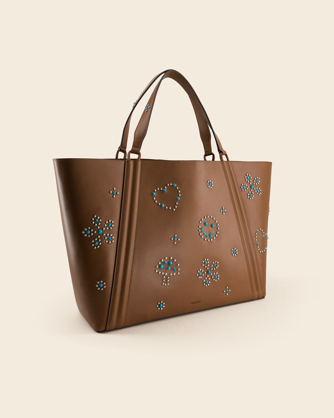 MAINE STUD - Sac Cabas en Veau lisse AMBRE avec Clous et Cabochons Turquoises Ponctuations