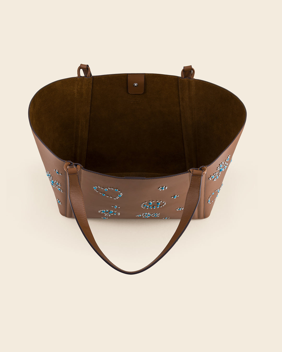 MAINE STUD - Sac Cabas en Veau lisse AMBRE avec Clous et Cabochons Turquoises Ponctuations