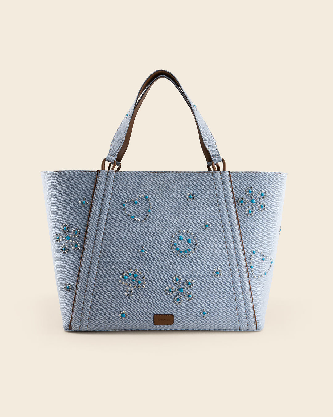 MAINE STUD - Sac Cabas en Denim BLEU PALE avec Clous et Cabochons Turquoises Sacs Ponctuations