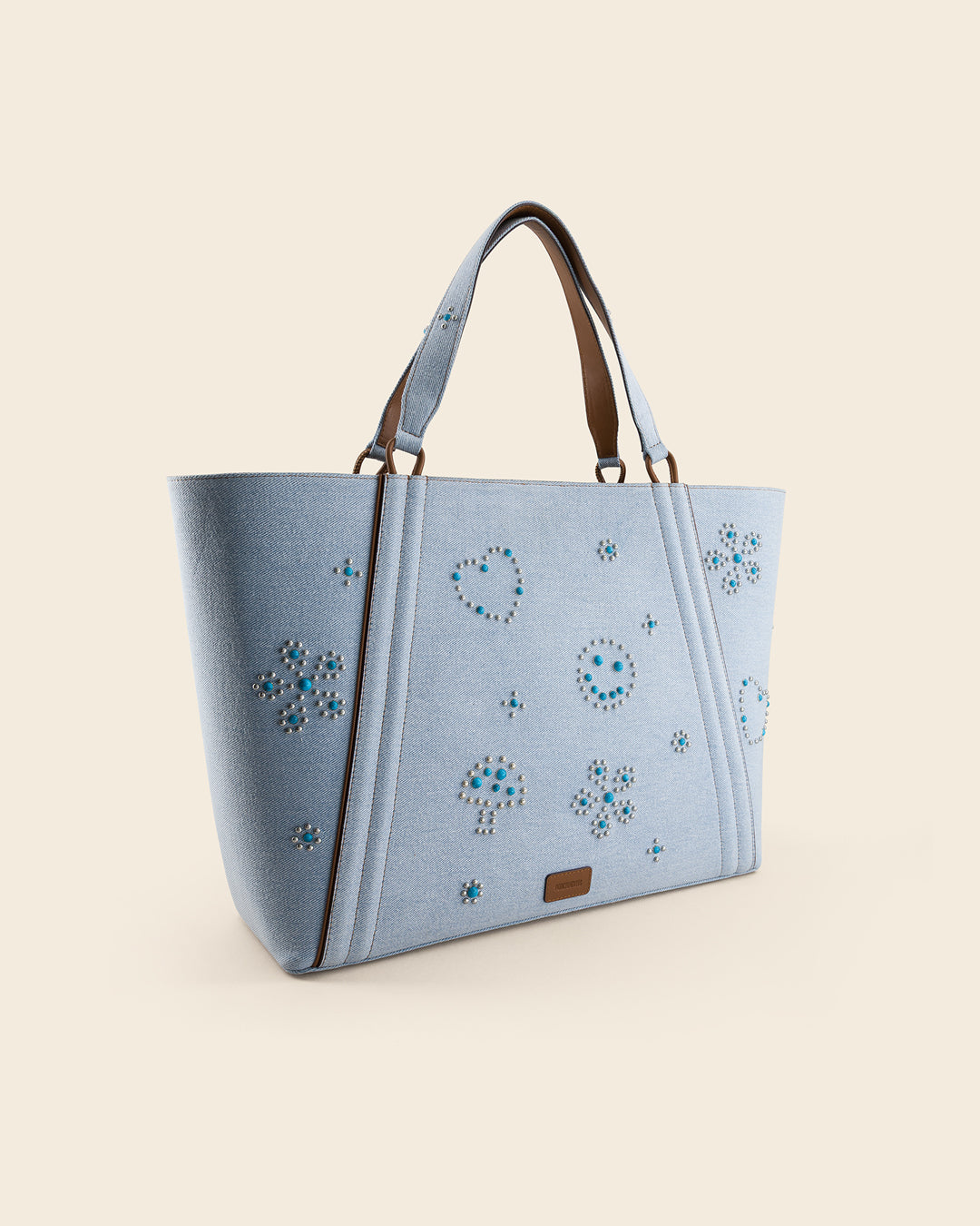 MAINE STUD - Sac Cabas en Denim BLEU PALE avec Clous et Cabochons Turquoises Sacs Ponctuations