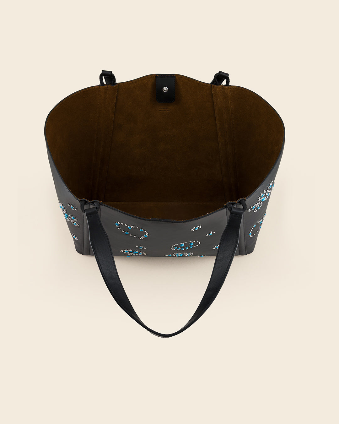 MAINE STUD - Sac Cabas en Veau lisse NOIR avec Clous et Cabochons Turquoises Sacs Ponctuations